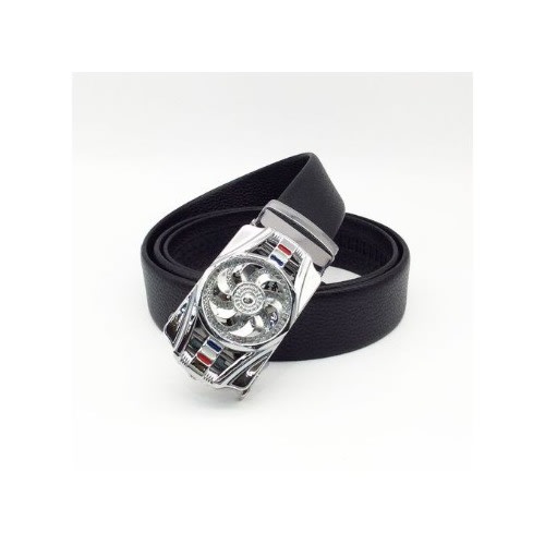 Men's Leather Belt With Rotating Automatic Buckle Design - Silver