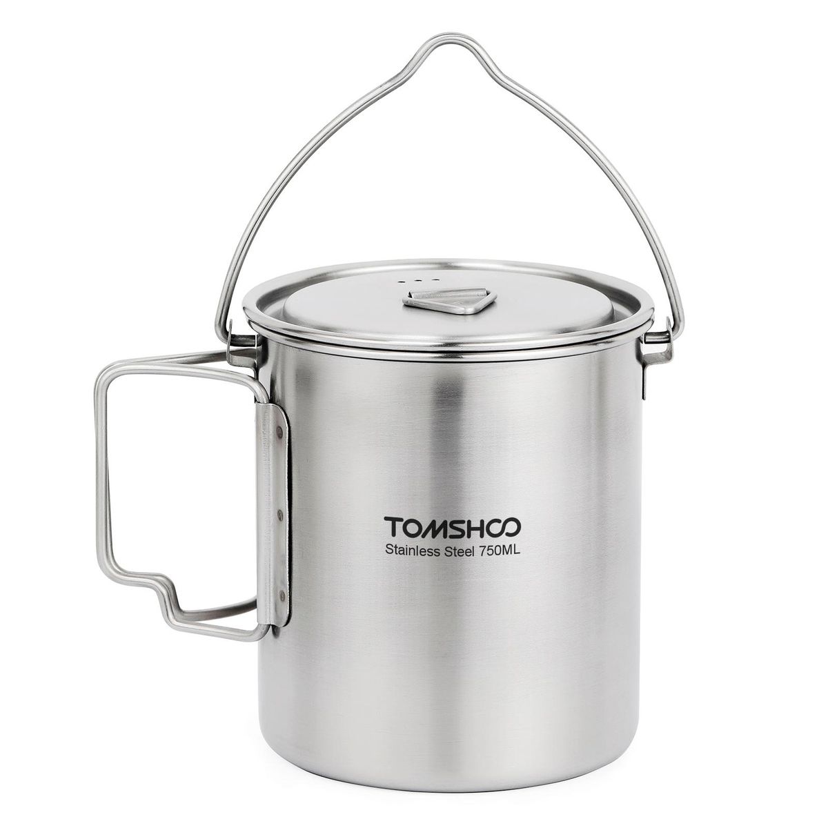 750ml Stainless Steel Pot Portable Water Mug Cup with Lid and Foldable Handle Outdoor Camping Cooking Picnic