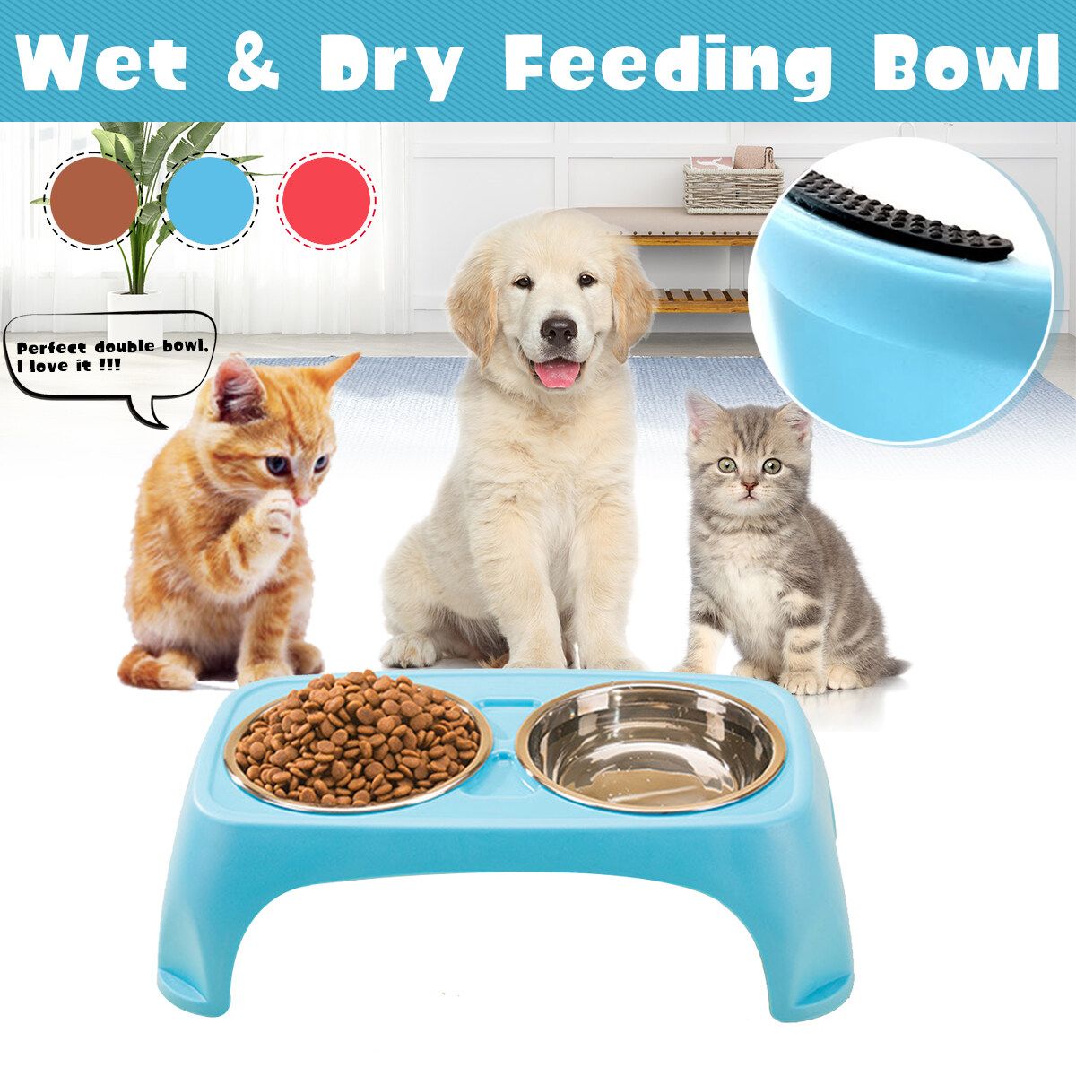 Twin Dog/Puppy/Cat Wet & Dry Feeding Bowl Stand Food/Water-small Blue