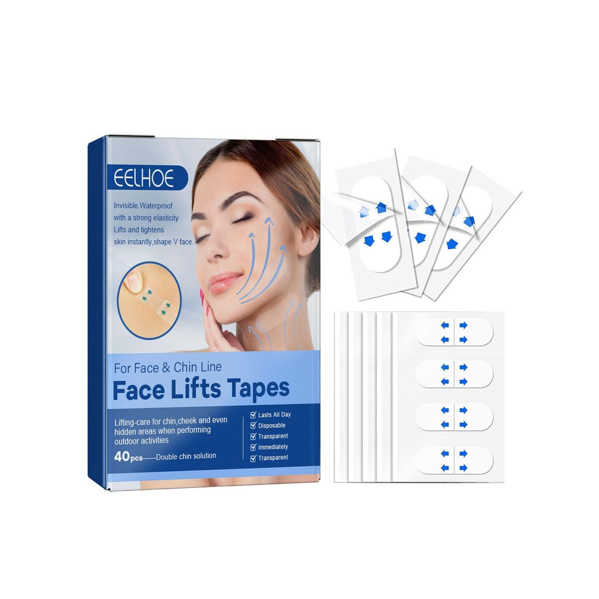 EELHOE 40PCS V Face Invisible Tape Face Lifting Firming Adhevise Tape Skin-friendly Soft Elastic Waterproof Lasting Lifting Patch