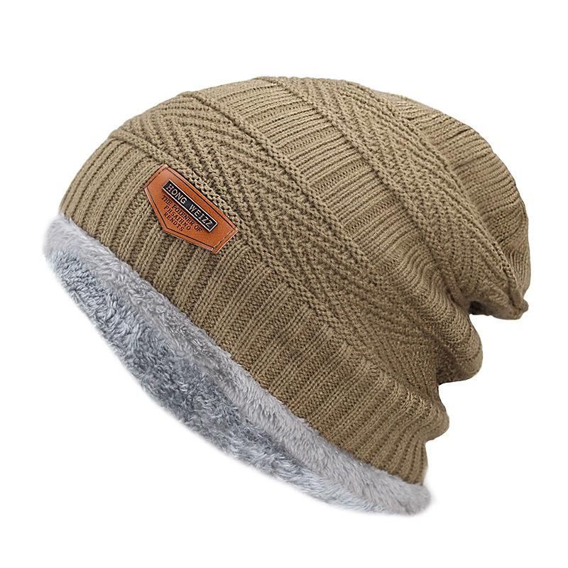New Brand Solid Color Knit Beanie Hat Men's Winter Hats Boy Warm Plus Velvet Thicken Hedging Cap Skullies Wool Bone Male