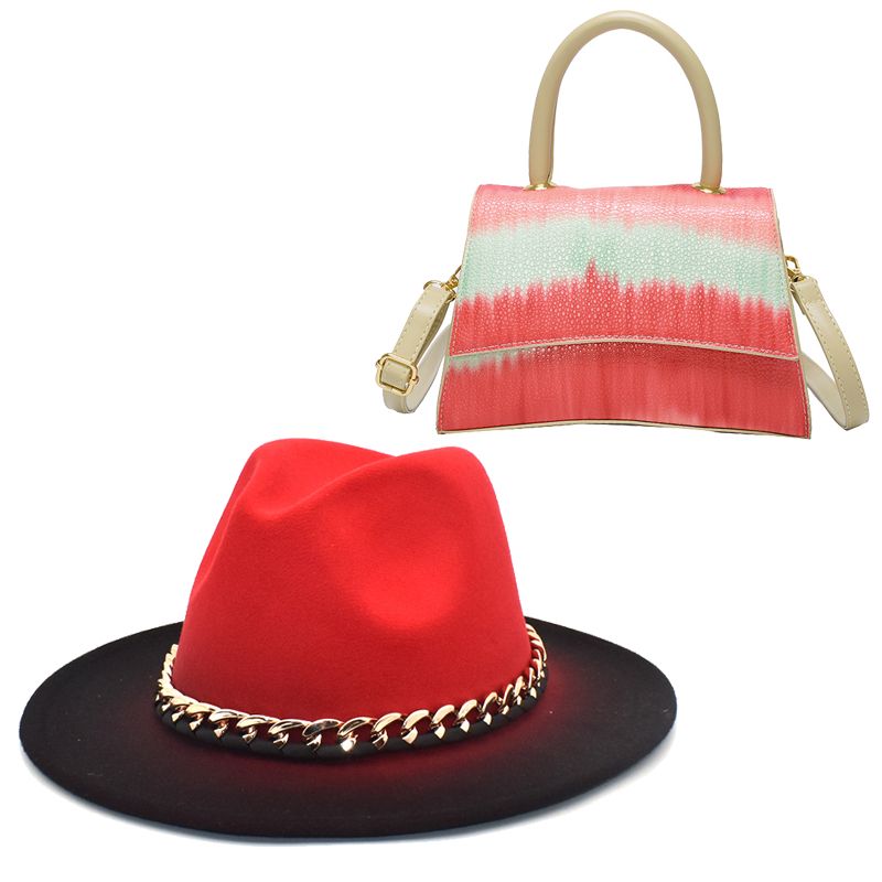 Women's Gradient Tie Dye Fedora and Bag Set Large Chain Jazz Cap Retro Luxury Fashion Hat Simple Grace Wide Brim Hat 2022 New