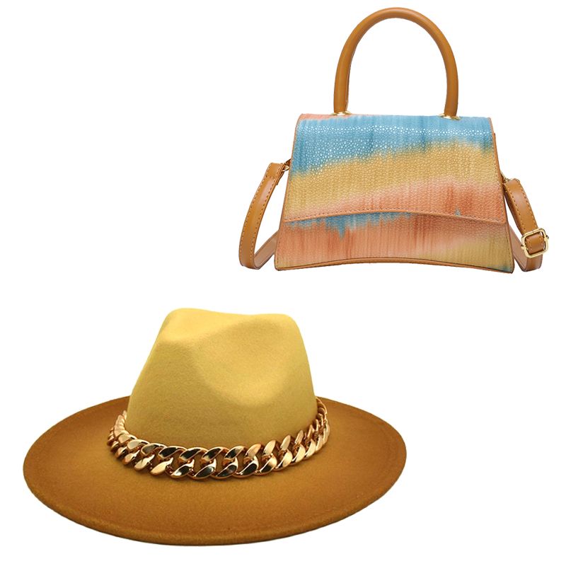 Women's Gradient Tie Dye Fedora and Bag Set Large Chain Jazz Cap Retro Luxury Fashion Hat Simple Grace Wide Brim Hat 2022 New
