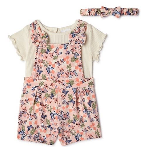 Baby Girls Pinafore Overall, Top & Headband 3 Pieces Outfit Set - Butterflies