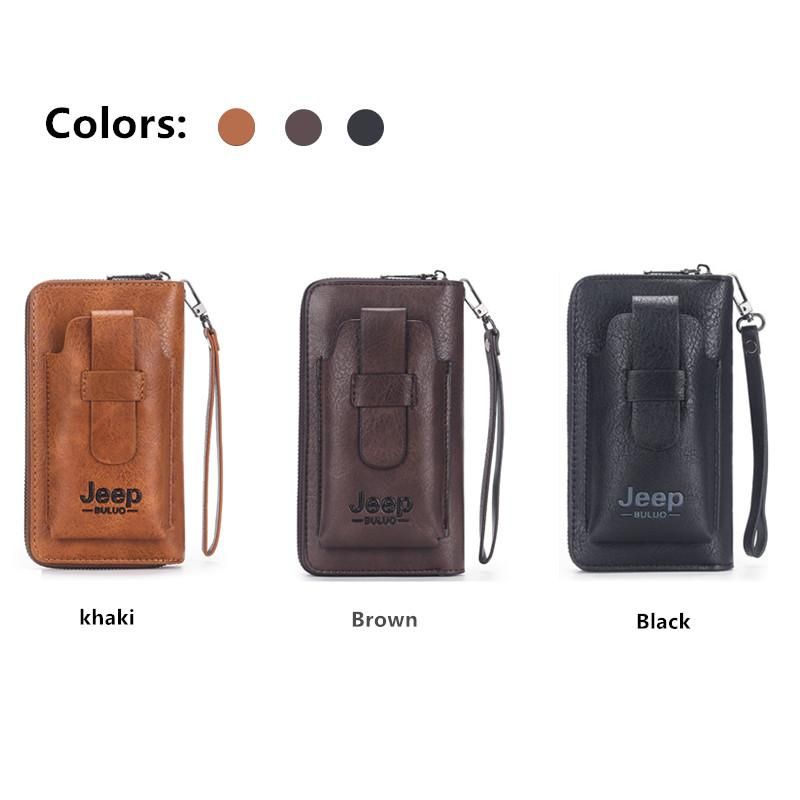 cartera de mano de cuero para hombre monedero de marca para telefono con doble cremallera cartera bolso de mano de cuero de lujo gran capacidad-Black