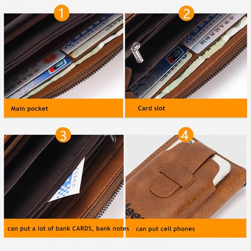 cartera de mano de cuero para hombre monedero de marca para telefono con doble cremallera cartera bolso de mano de cuero de lujo gran capacidad-Black