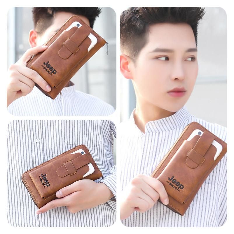 cartera de mano de cuero para hombre monedero de marca para telefono con doble cremallera cartera bolso de mano de cuero de lujo gran capacidad-Black