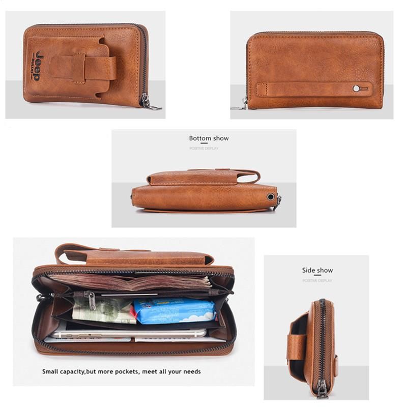 cartera de mano de cuero para hombre monedero de marca para telefono con doble cremallera cartera bolso de mano de cuero de lujo gran capacidad-Black