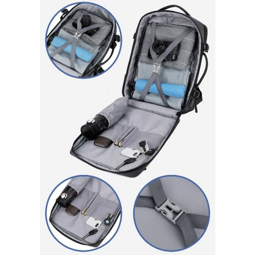 Men Large Capacity Expandable Backpack Usb Charging - Black