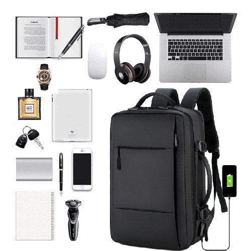 Men Large Capacity Expandable Backpack Usb Charging - Black