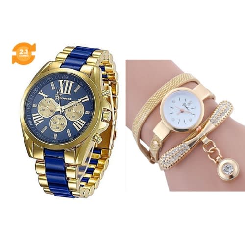 2 In 1 Women Studded Wrist Watch With Leather Bracelet