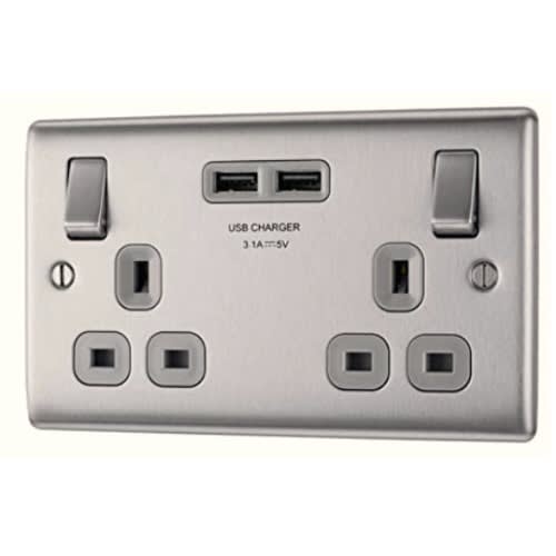 BG 13A Nexus Metal Double Switches Power Sockets + 2 X USB (3.1a)- Brushed Steel
