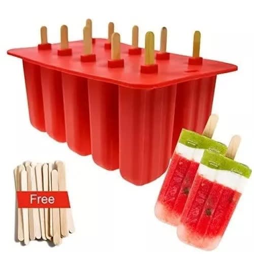Silicone Ice Cream Popsicle Mold With Free Sticks - Red - 10 Slots