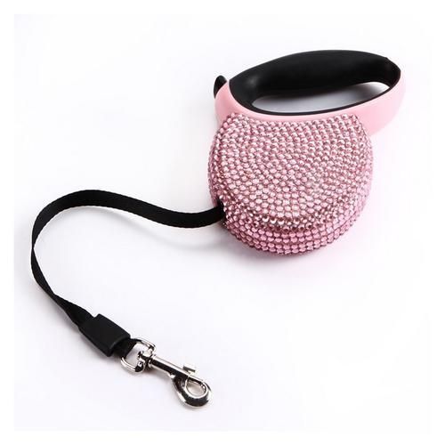 Pet Retractable Leash Pink Rhinestone Bling Crystal Dog Puppy Pet Lead Leash 3M Flat Line