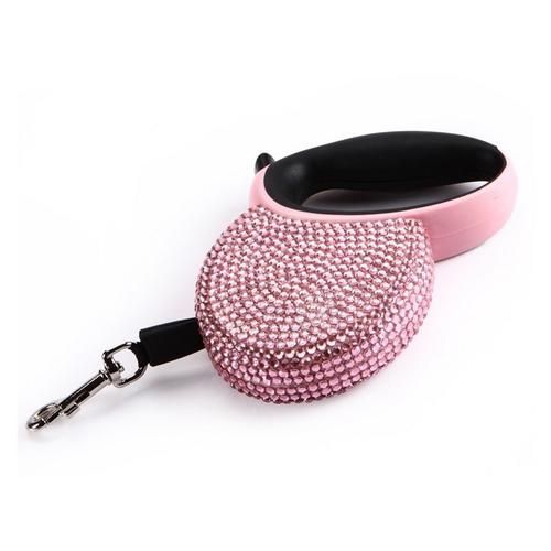 Pet Retractable Leash Pink Rhinestone Bling Crystal Dog Puppy Pet Lead Leash 3M Flat Line