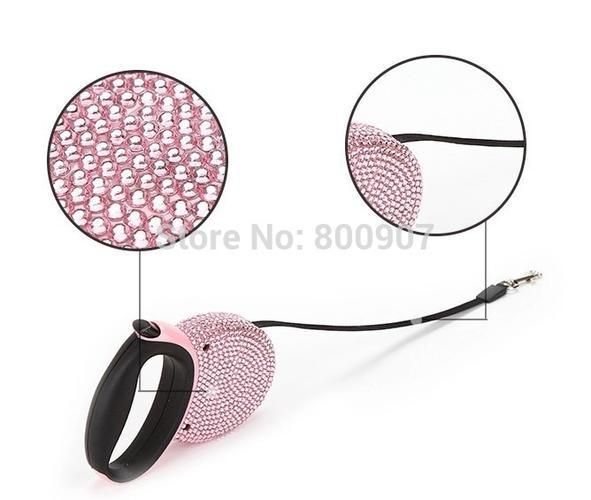 Pet Retractable Leash Pink Rhinestone Bling Crystal Dog Puppy Pet Lead Leash 3M Flat Line