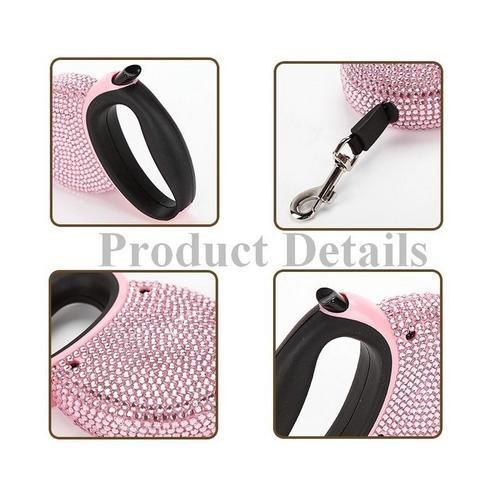 Pet Retractable Leash Pink Rhinestone Bling Crystal Dog Puppy Pet Lead Leash 3M Flat Line