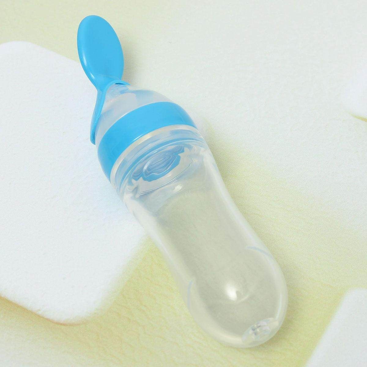 Baby Toddler Food Dispensing Feeding Spoon Silicone Squeeze Feeder Safe Supplies Blue
