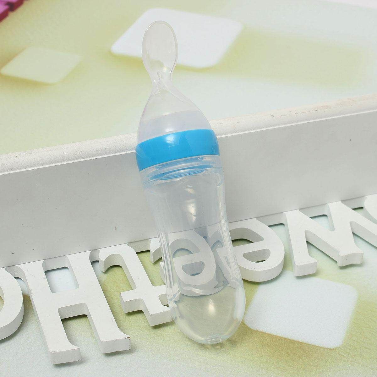 Baby Toddler Food Dispensing Feeding Spoon Silicone Squeeze Feeder Safe Supplies Blue