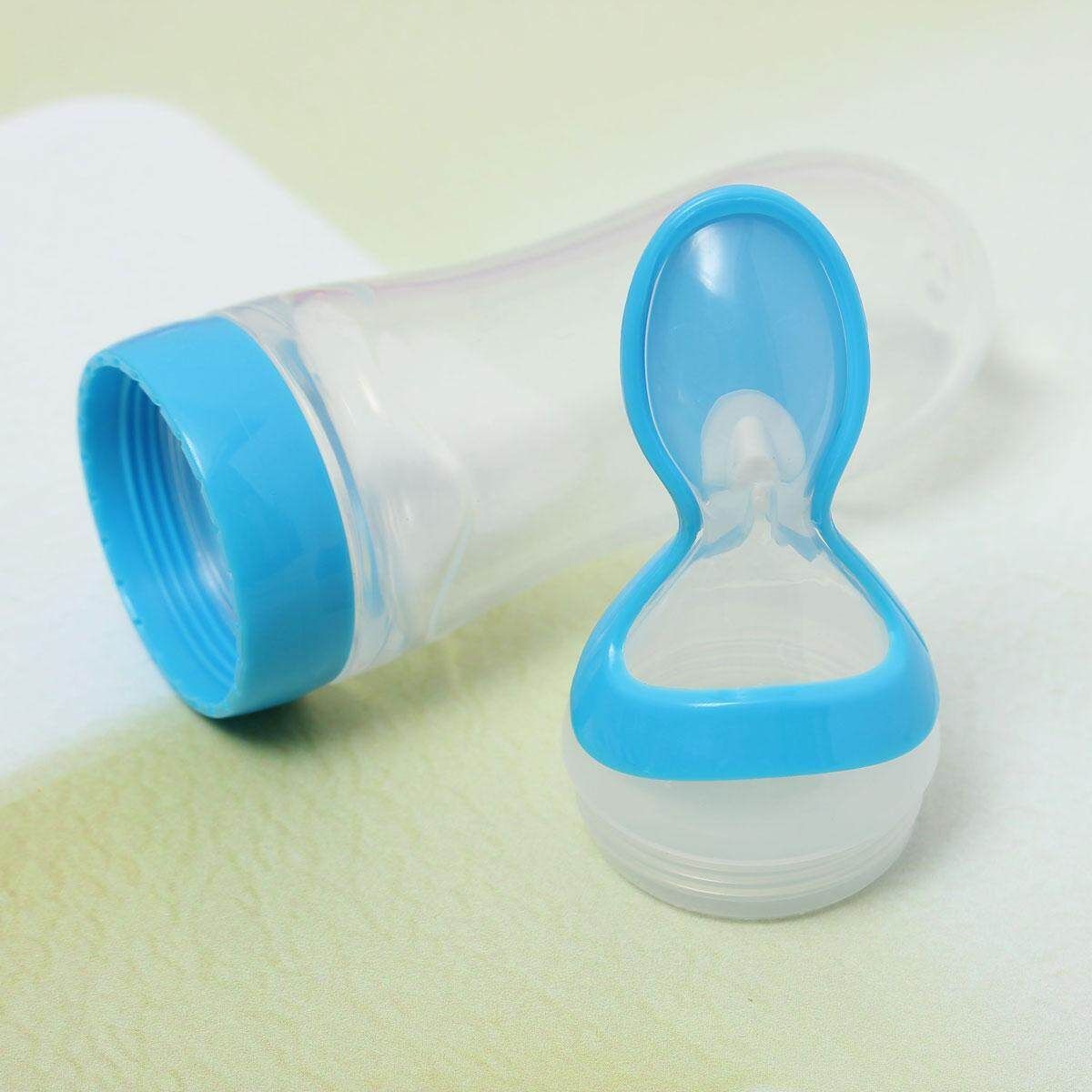 Baby Toddler Food Dispensing Feeding Spoon Silicone Squeeze Feeder Safe Supplies Blue