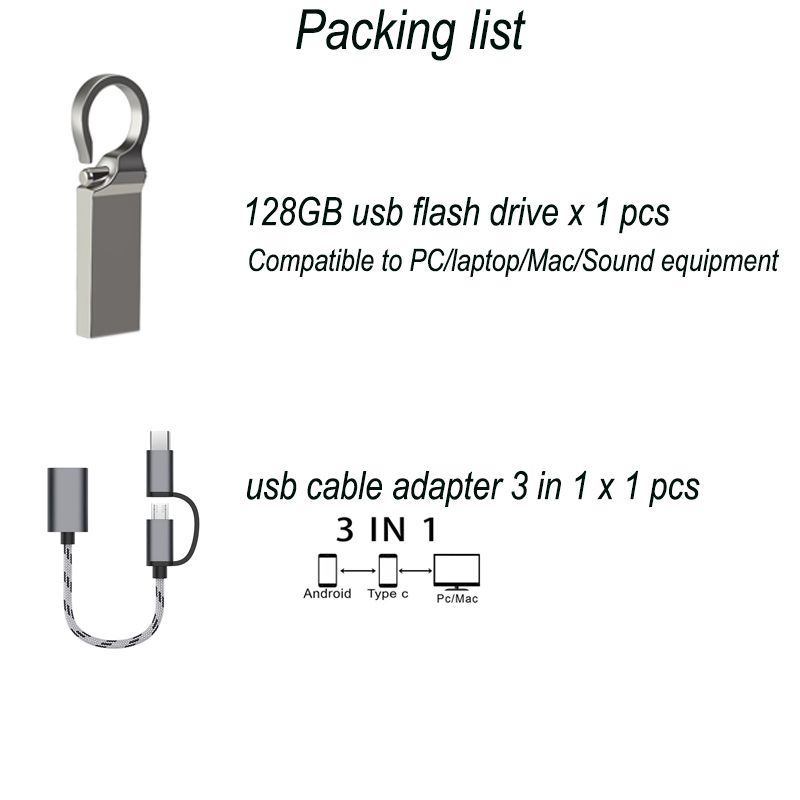 128 GB Metal  Usb Flash Drive  Adapter Cable  2 In 1 Set