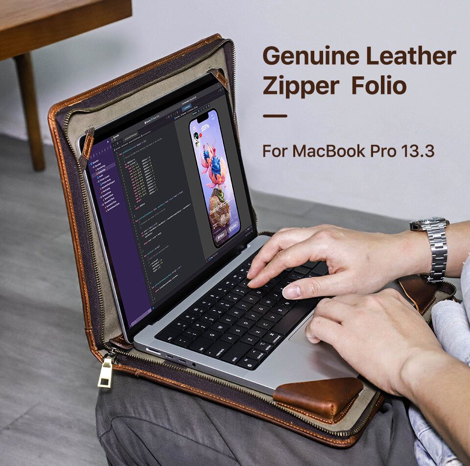 Leather Zipper Folio Laptop Case For Macbook Air 13.3 Inch