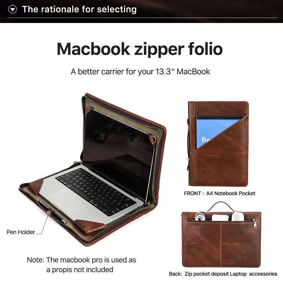 Leather Zipper Folio Laptop Case For Macbook Air 13.3 Inch