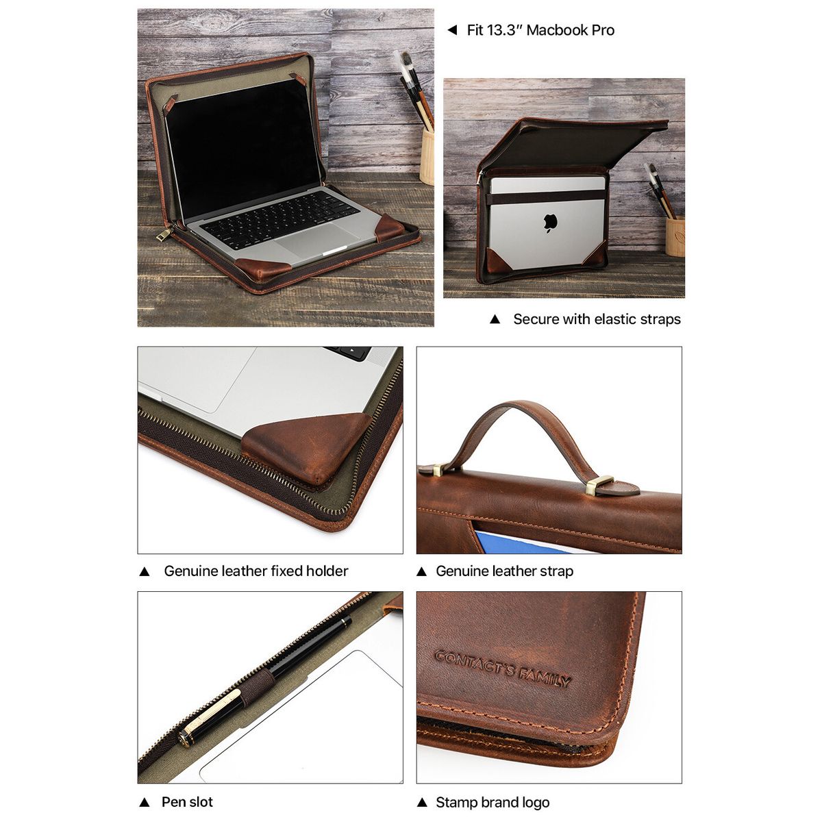 Leather Zipper Folio Laptop Case For Macbook Air 13.3 Inch