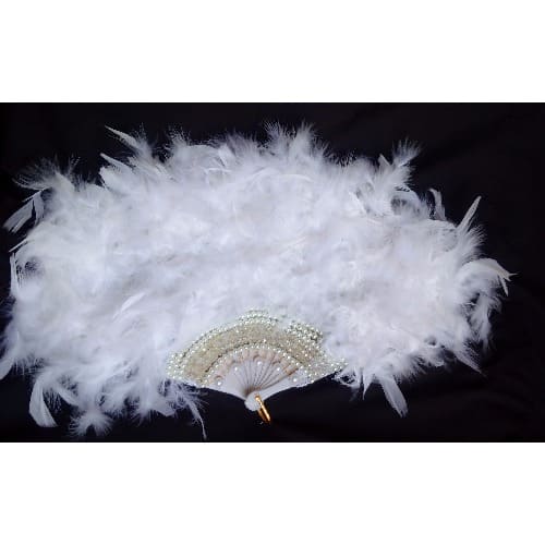 ''Lustrous Pearl'' White Feathers Clear Crystals Bridal Hand-fan
