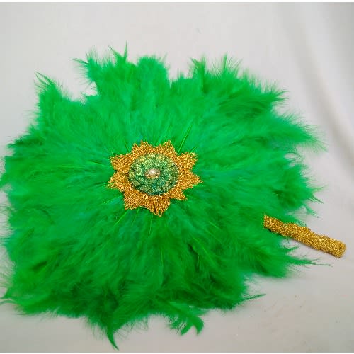 Alexie's Green Feathers Bridal Handfan With Gold Details