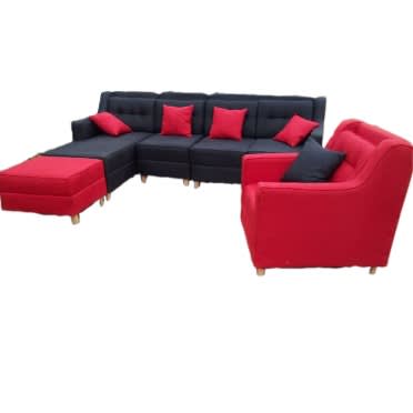 L-Shape + Single Sitter + Ottoman - Red & Black