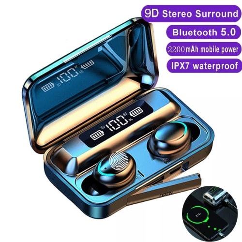 Tws F9 Wireless Bluetooth 5.0 Earphones With Power Bank - Black