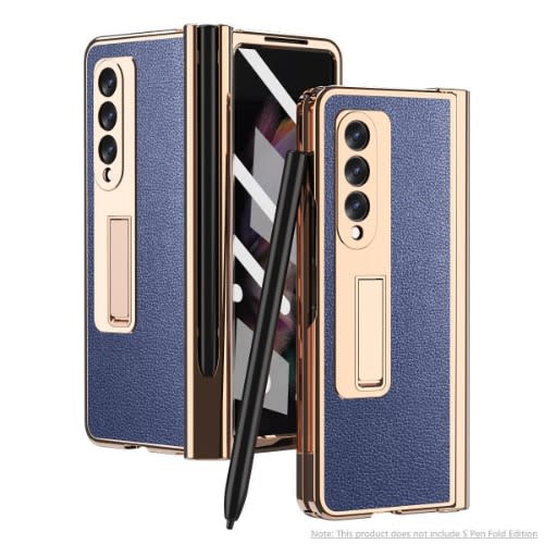 Samsung galaxy Fold 3 Case With Pen Holder Leather Pattern + Glass Screen Protector With Stand