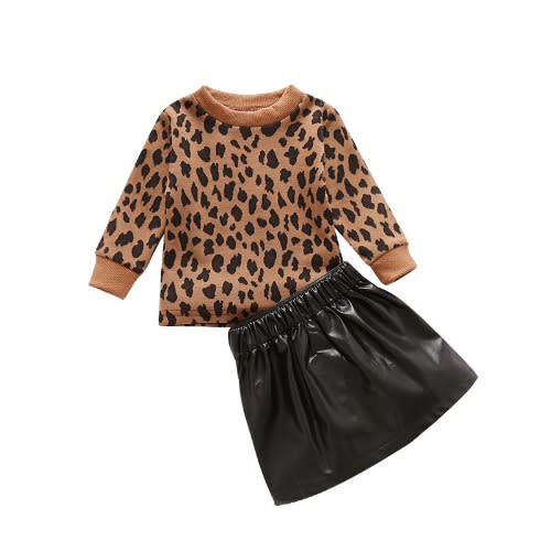 Girl Leopard Skin With Leather Skirts - 2pieces