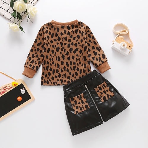 Girl Leopard Skin With Leather Skirts - 2pieces