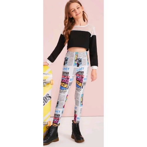 Girls Teens Newspaper Print Leggings- Multicolour