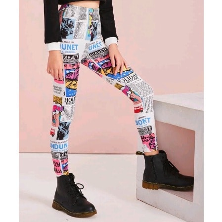 Girls Teens Newspaper Print Leggings- Multicolour