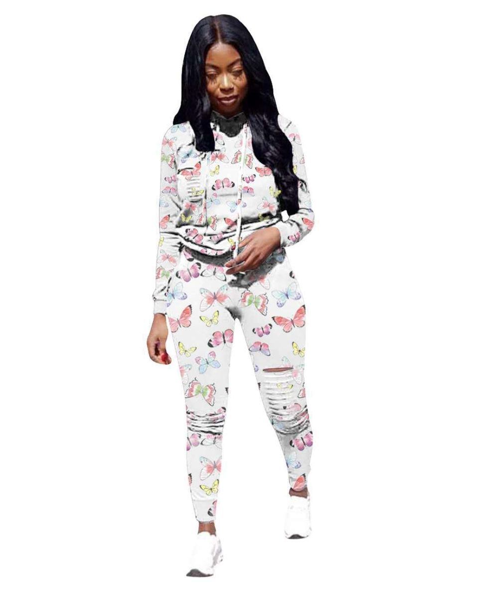 Jy2052 Supply Hot Butterfly Printing Hole Burning Flower Hooded Sweater Set Two-Piece Set