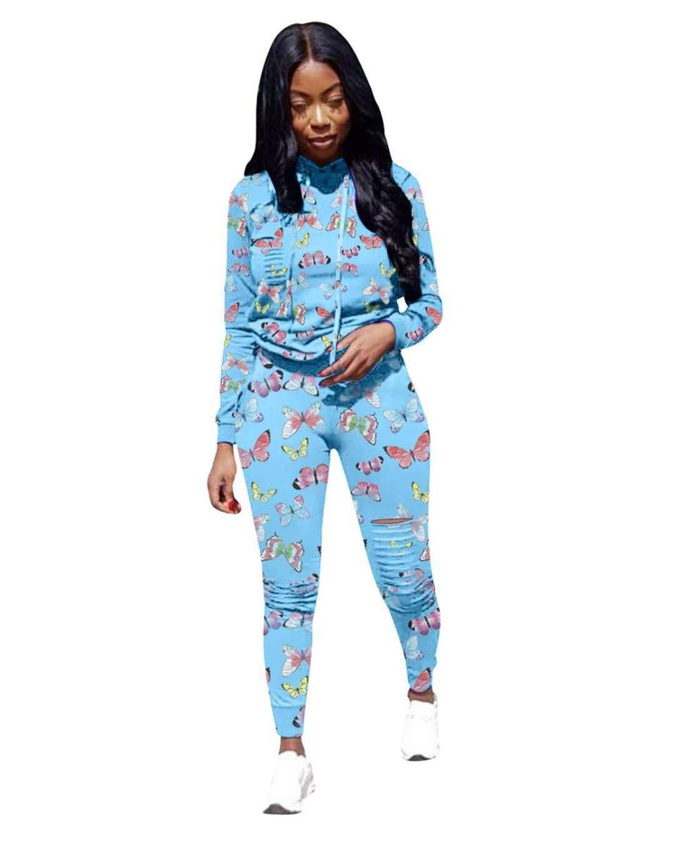 Jy2052 Supply Hot Butterfly Printing Hole Burning Flower Hooded Sweater Set Two-Piece Set