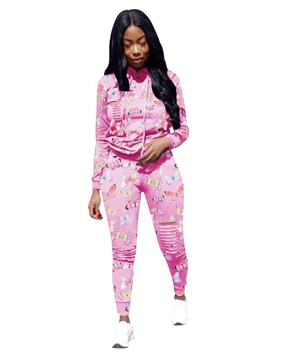 Jy2052 Supply Hot Butterfly Printing Hole Burning Flower Hooded Sweater Set Two-Piece Set