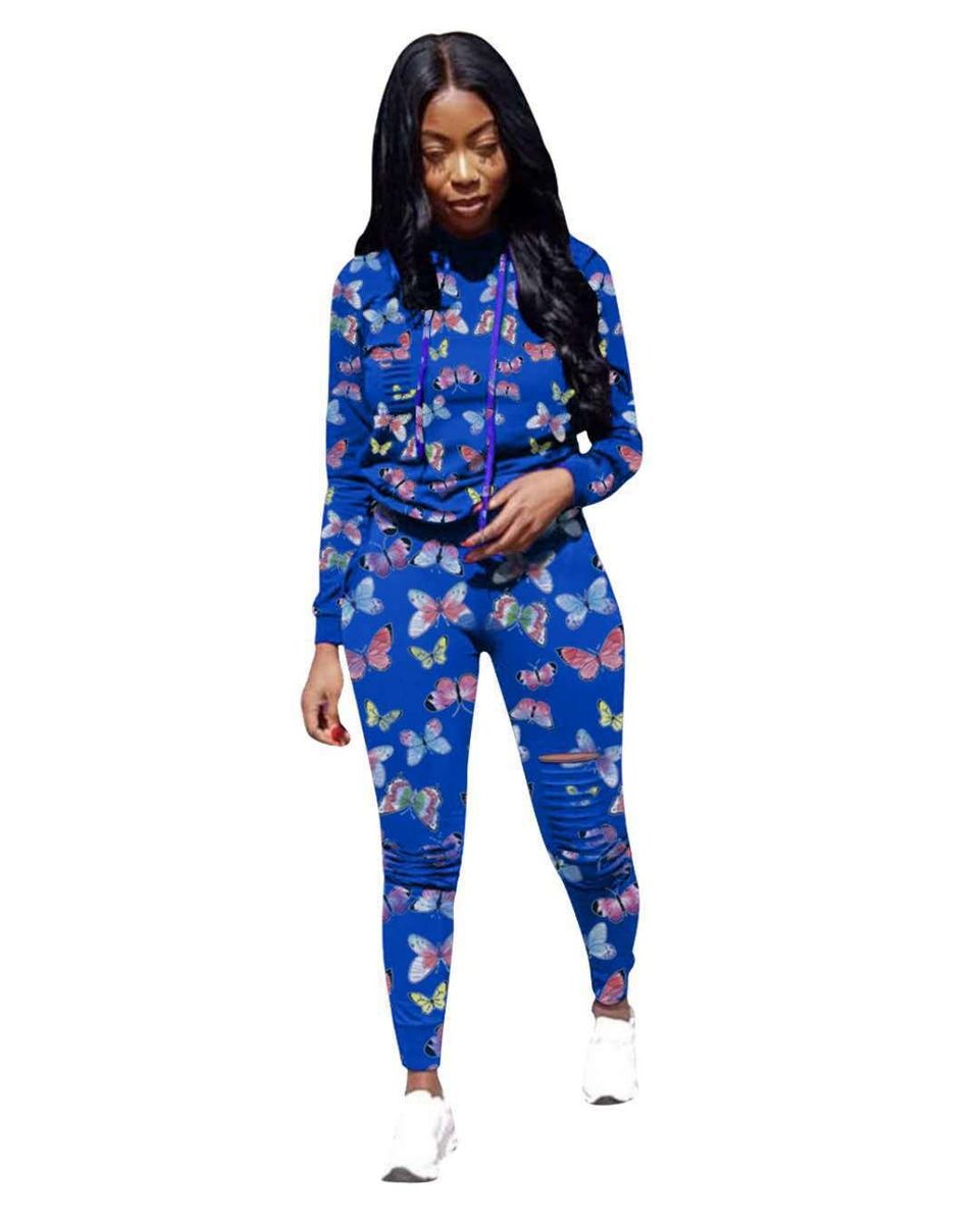 Jy2052 Supply Hot Butterfly Printing Hole Burning Flower Hooded Sweater Set Two-Piece Set