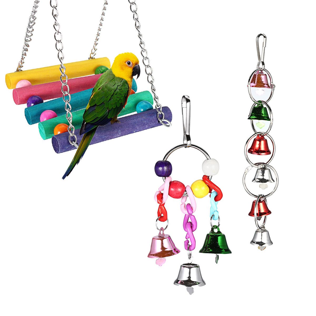 3pcs Bird Parrot Toy Hanging Bell Pet Hammock Swing Toy Macaw Finch Color {3-piece Set}