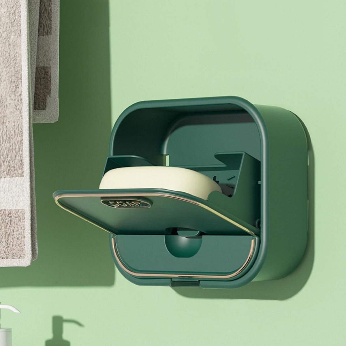Soap Drain Rack Wall Hanging Flip-Top Soap Storage Rack Green