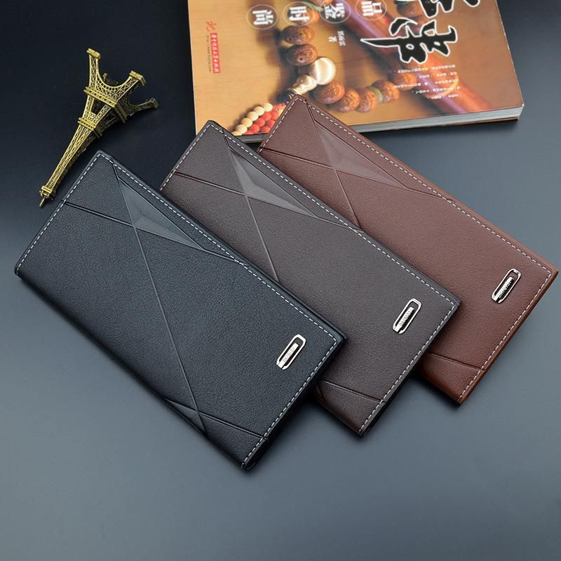 Cartera suave para hombre billetera con ranura para tarjetas 3 pliegues gran capacidad en relieve a la moda larga y delgada para jovenes PU nueva-Black