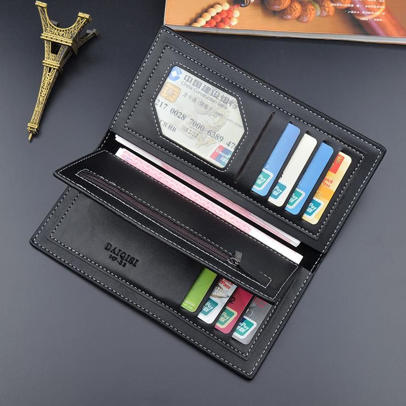 Cartera suave para hombre billetera con ranura para tarjetas 3 pliegues gran capacidad en relieve a la moda larga y delgada para jovenes PU nueva-Black