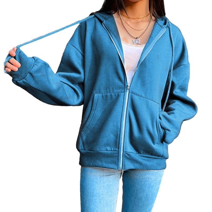 Casual Sweatshirt Zipper Outwear Loose Pocket Collar Sleeve Blue L