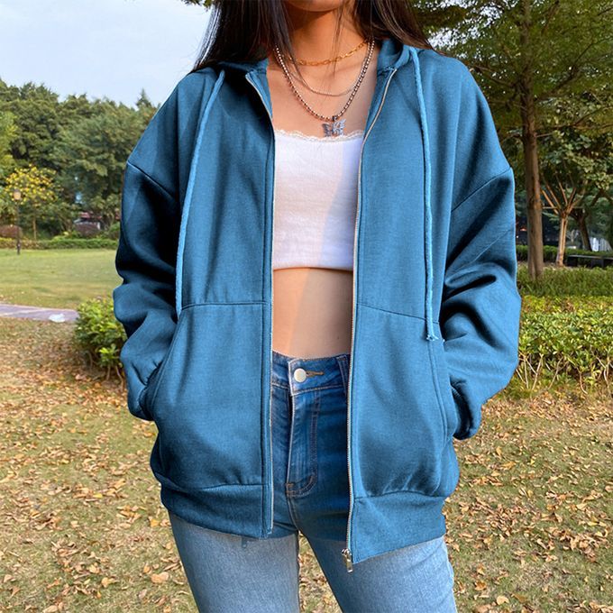 Casual Sweatshirt Zipper Outwear Loose Pocket Collar Sleeve Blue L