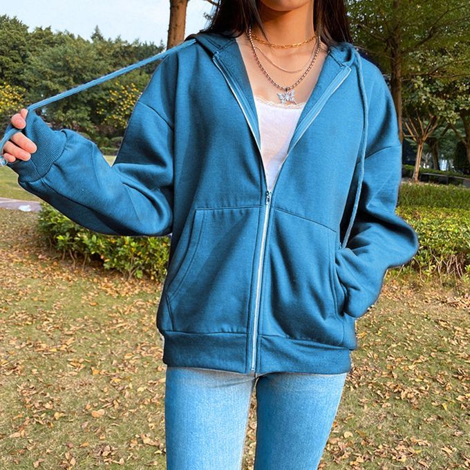 Casual Sweatshirt Zipper Outwear Loose Pocket Collar Sleeve Blue L