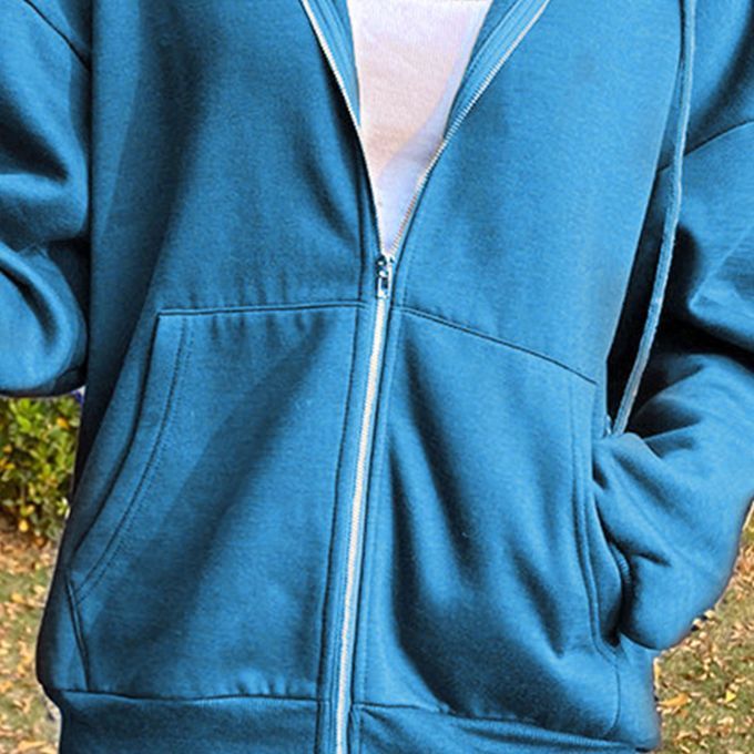 Casual Sweatshirt Zipper Outwear Loose Pocket Collar Sleeve Blue L