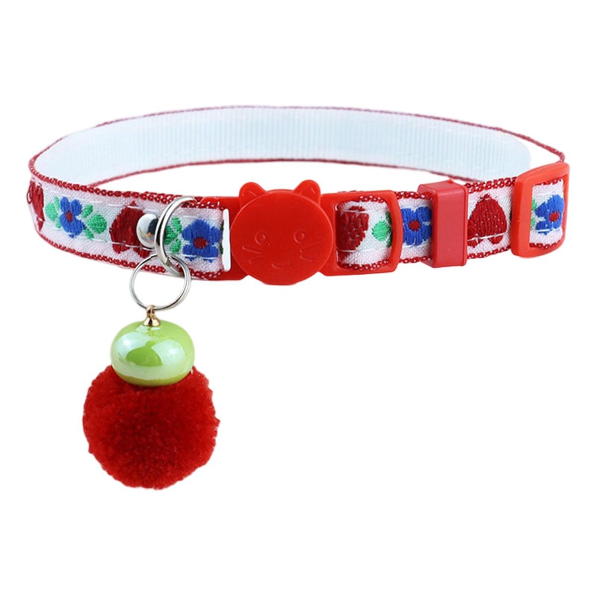 Cat Neck Strap Colorful Pattern Puppy Cat Necklace with Fur Ball Red